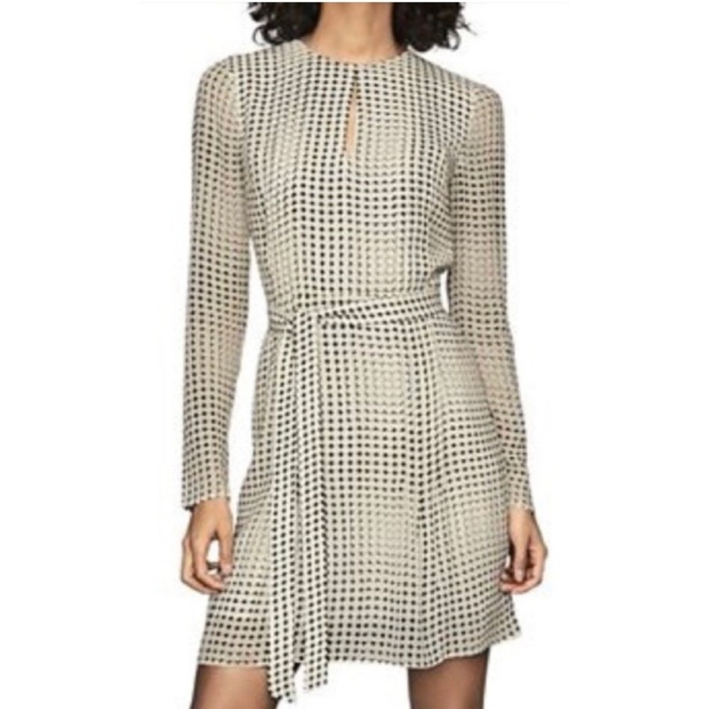 Reiss Cream Black Geometric Print Long Sleeve Mini Dress Keyhole Tie Waist Sz 4